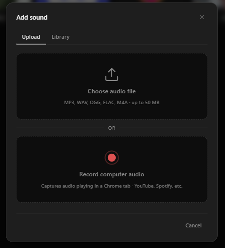 Add sound modal — upload an audio file or record computer audio directly in the browser