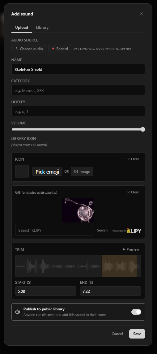 Sound editor with waveform trimmer, hotkey assignment, GIF icon picker, and publish to library toggle