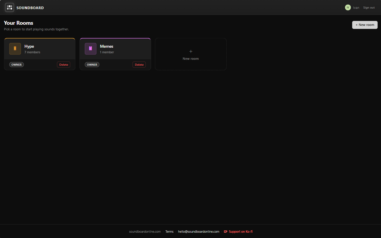 Soundboard Online room list — create and manage multiple soundboard rooms